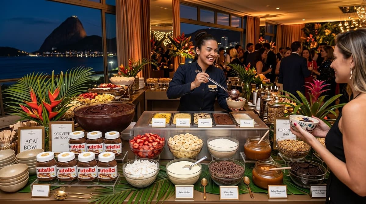 Estação de açaí para eventos no Rio de Janeiro com a mesa de acompanhamentos liberada
