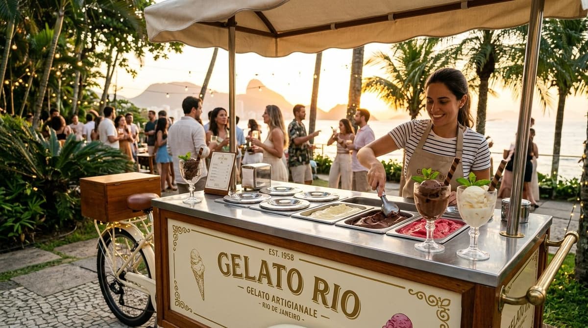 Estação de sorvete gourmet servida ao vivo para eventos no Rio de Janeiro