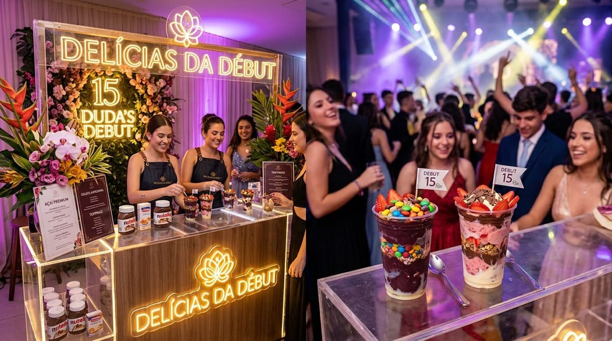 Estação moderna e instagramável de açaí para festa de 15 anos debutante no Rio de Janeiro