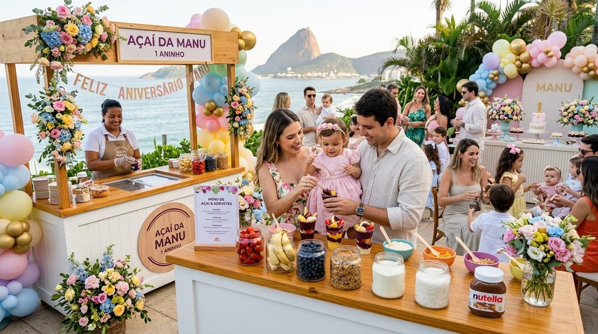 Estação de açaí e sorvete gourmet para festa de 1 aninho ao ar livre no Rio de Janeiro
